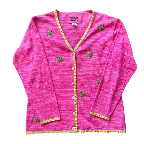 Sweater Sweater Brand Beaded Frog Pink Cardigan Sweater Sz M - Picture 1 of 8